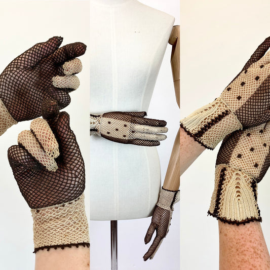 Original 30’s Fabulous Crochet 2tone Gloves - Brown and Cream
