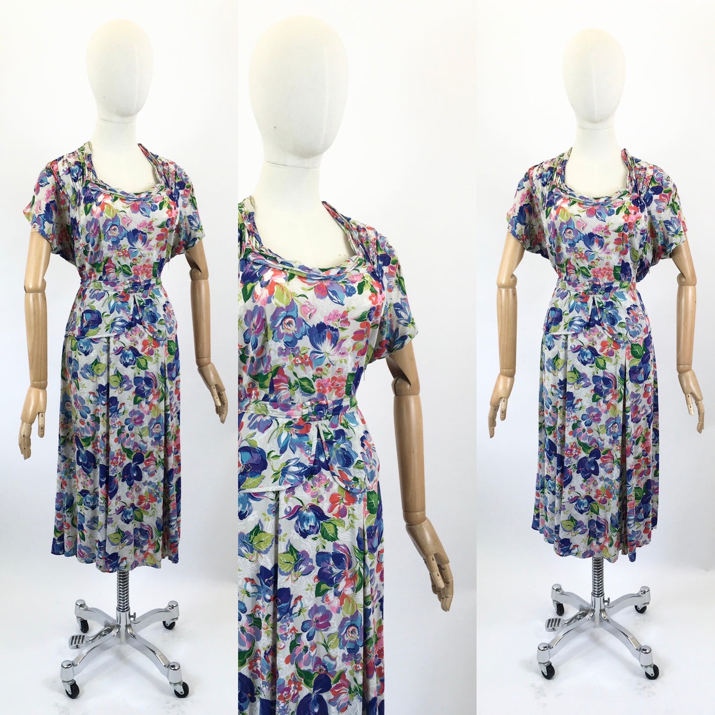 Original 1940’s Beautiful Floral Dress - Multicoloured of Blues, Corals, Fuschia Pink, Mauve and Teal