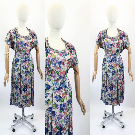 Original 1940’s Beautiful Floral Dress - Multicoloured of Blues, Corals, Fuschia Pink, Mauve and Teal