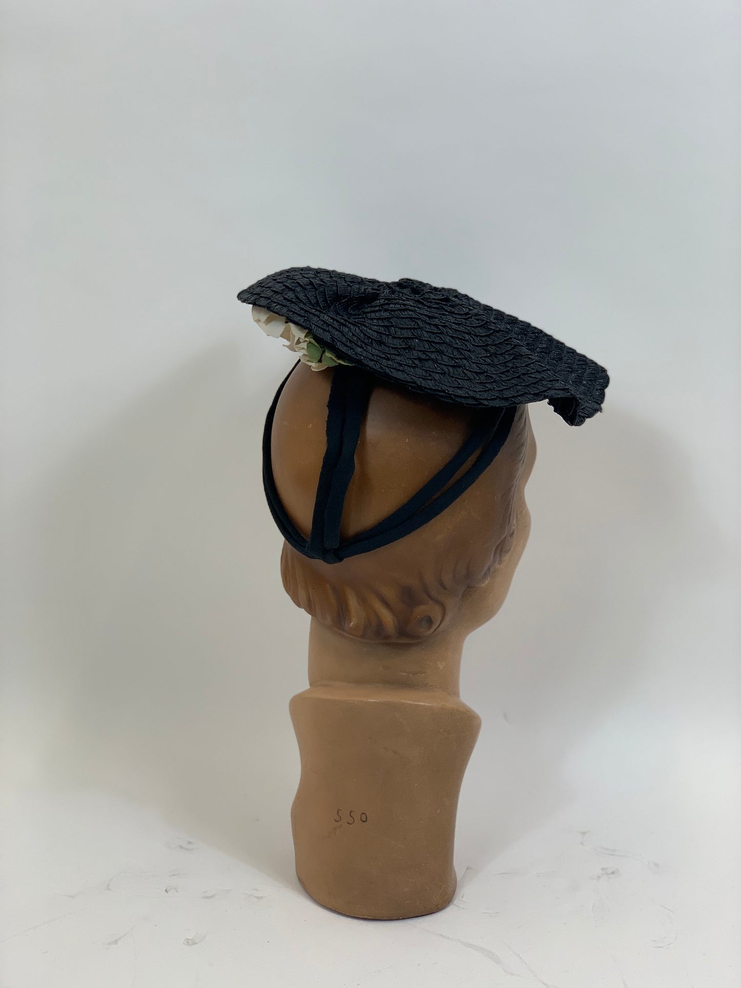 Original 1940’s Beautiful Headpiece - in Black with flowers of cream