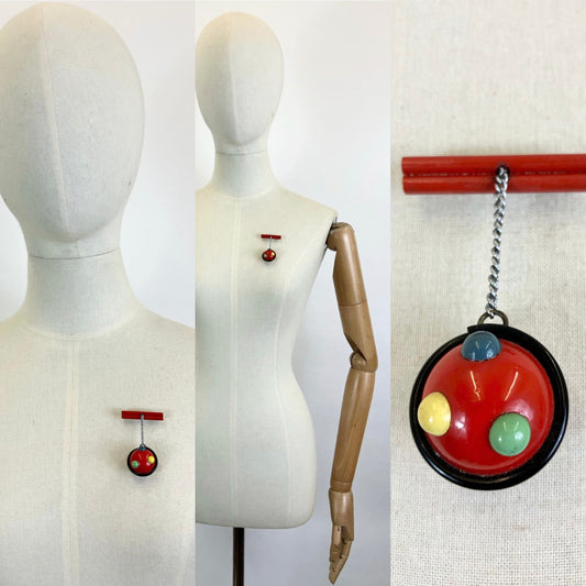 Original 40’s/ 50’s Celluloid Dangly sphere  brooch - Red, Yellow, Green and Blue