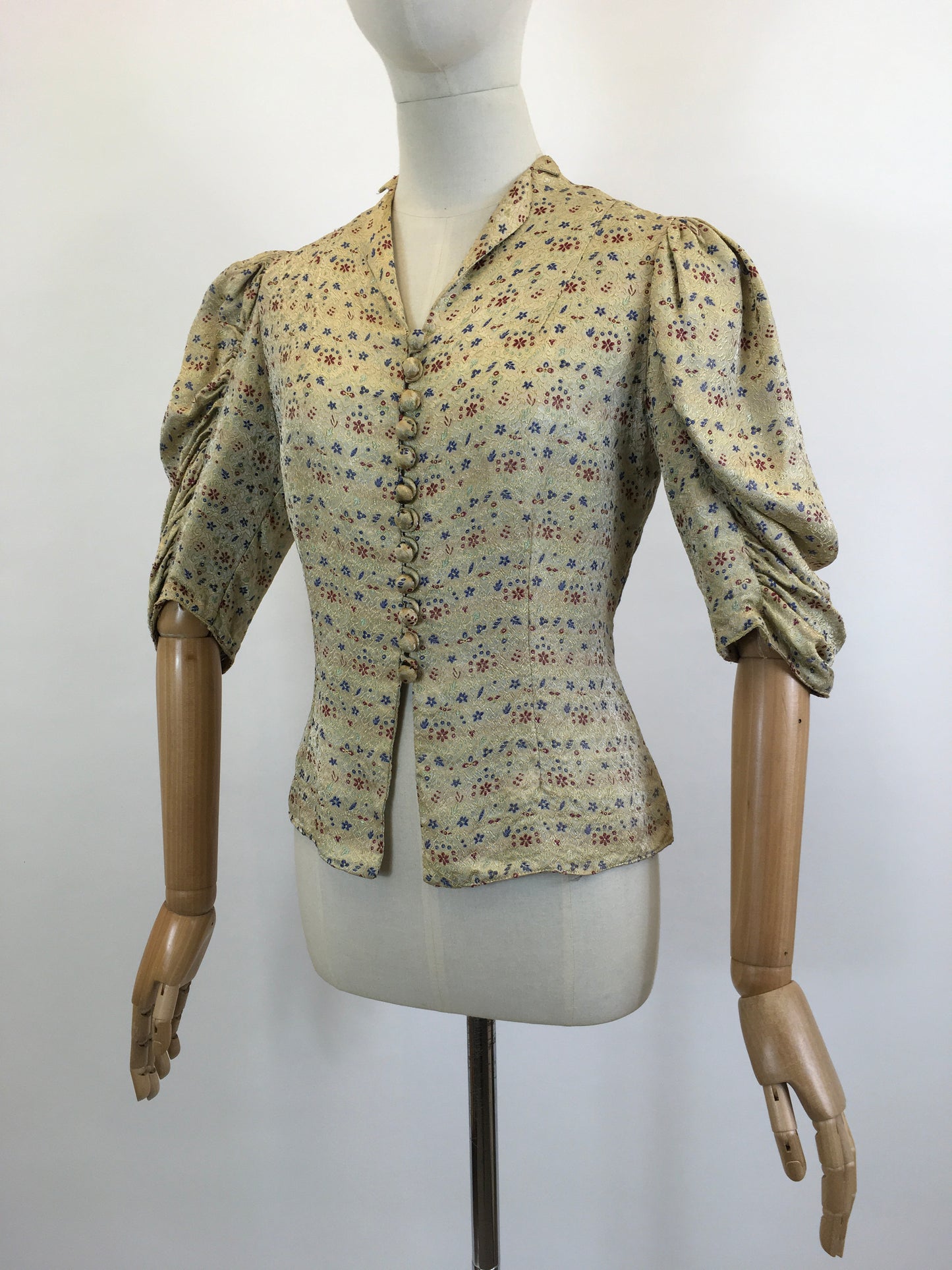 Original 1930’s Fabulous Blouse - Burgundy / Airforce Blue flowers on a bed of Gold.