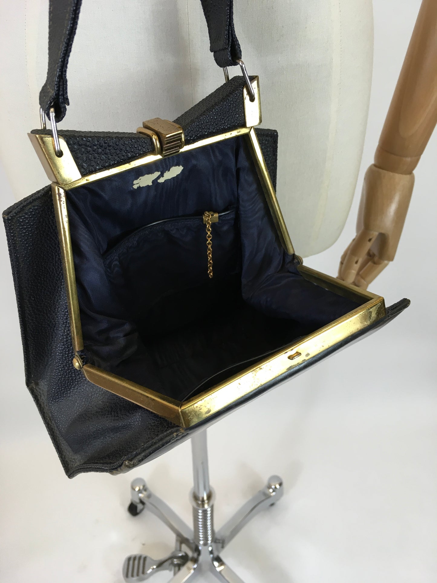 Original 1930s Art Deco Handbag - Navy on a gold tone frame