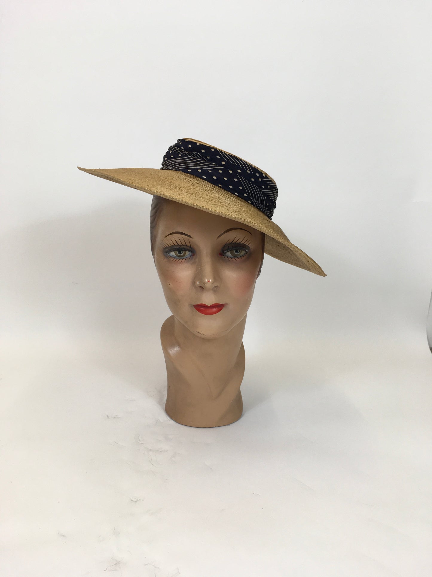 Original 1930s Natural fine Straw Hat - with a Deco ribbon in Navy/white combination.