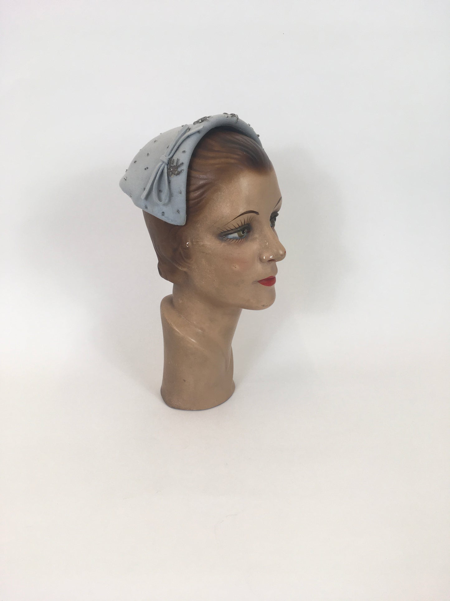 Original 1950s Darling Felt Headpiece - In A Pale Blue With Beadwork