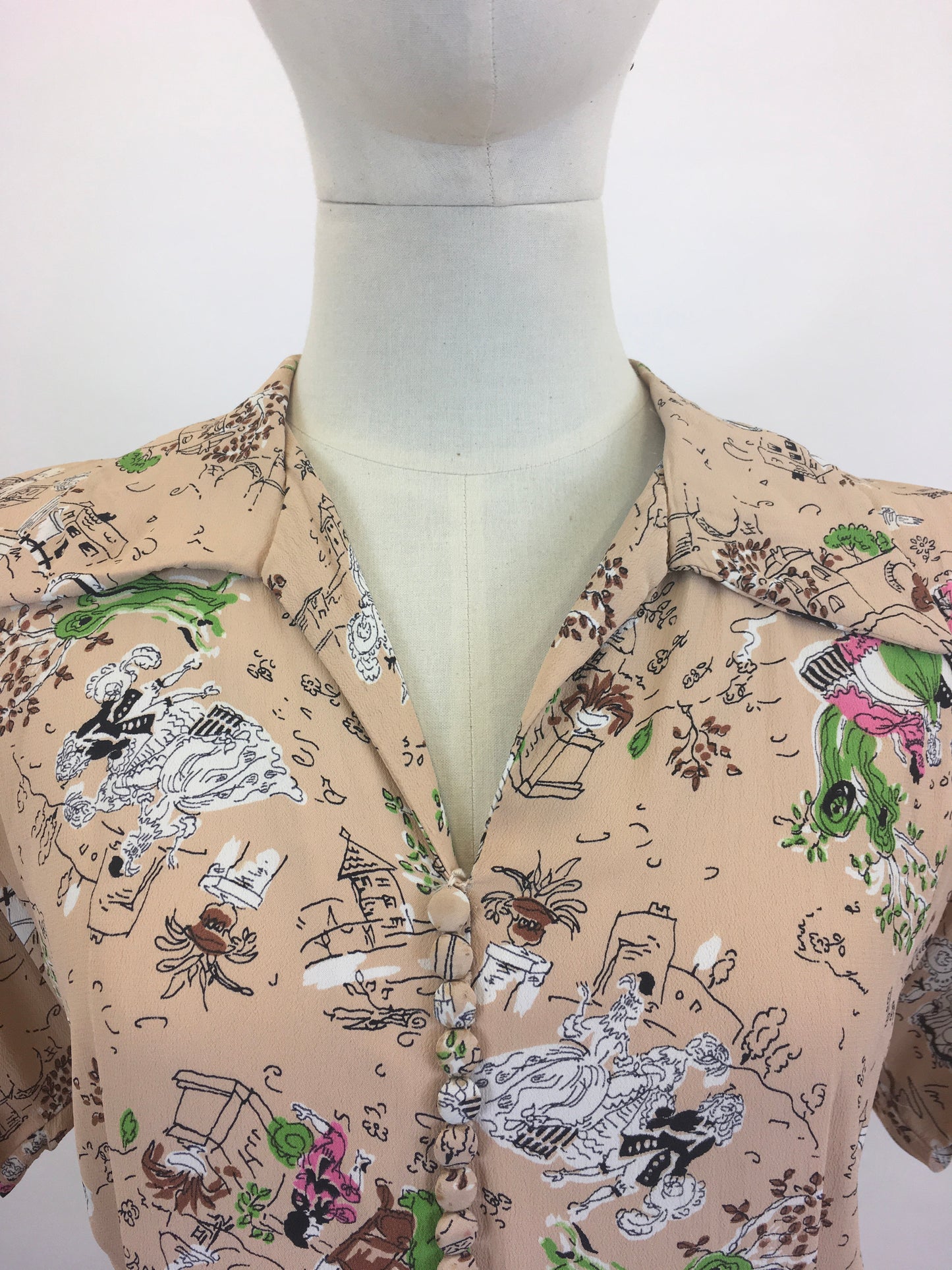 Original 1940's Beautiful Novelty Print Dress -  characters and buildings