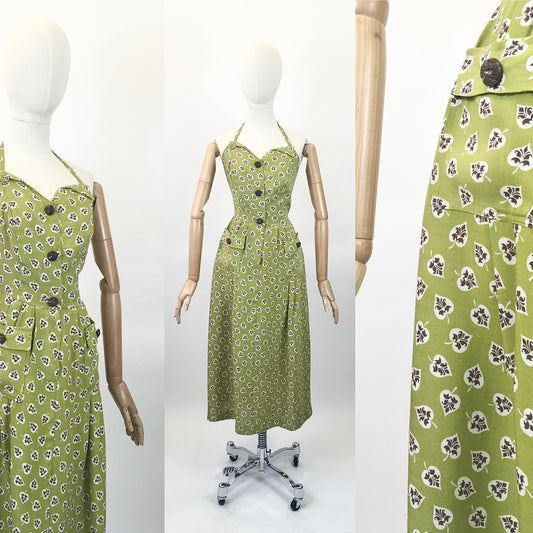 Original 1940’s Moygashel Linen Sundress -in Chautreuse / Cream and Brown