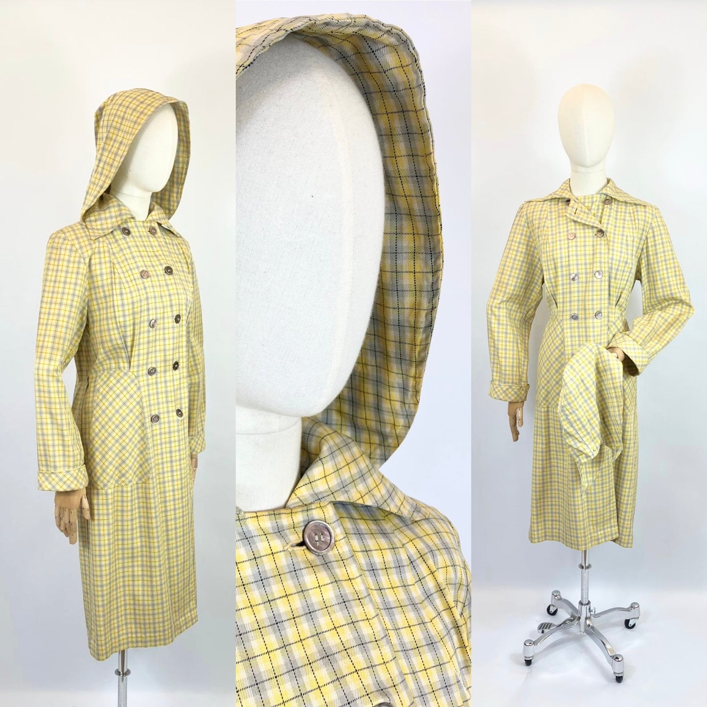 Original 1940’s RARE Hooded Rain Mac - Yellow and Grey plaid