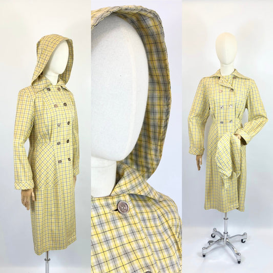 Original 1940’s RARE Hooded Rain Mac - Yellow and Grey plaid