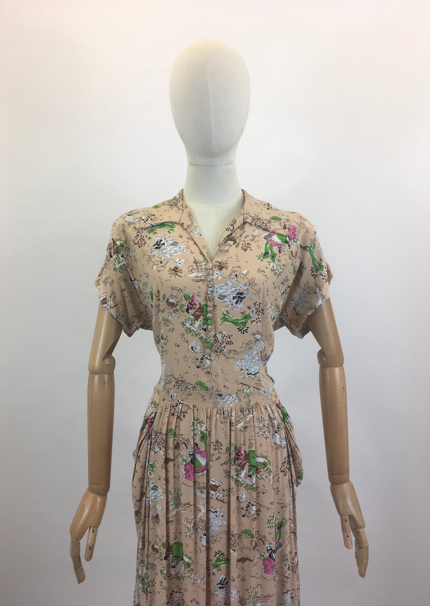 Original 1940's Beautiful Novelty Print Dress -  characters and buildings