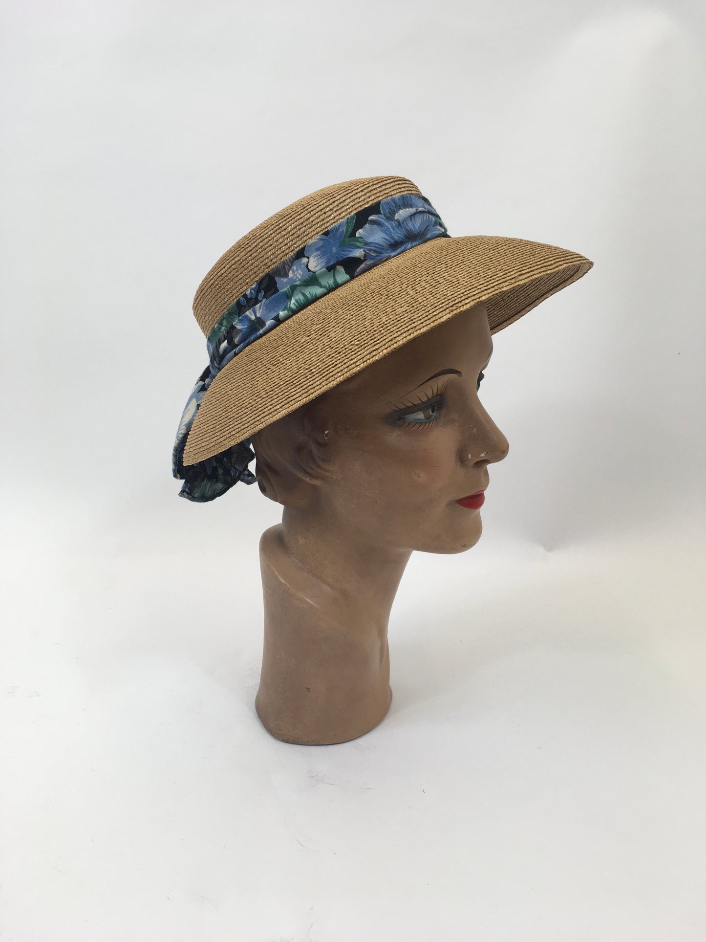Original 1930’s Gorgeous Natural Straw Hat - Blue floral band