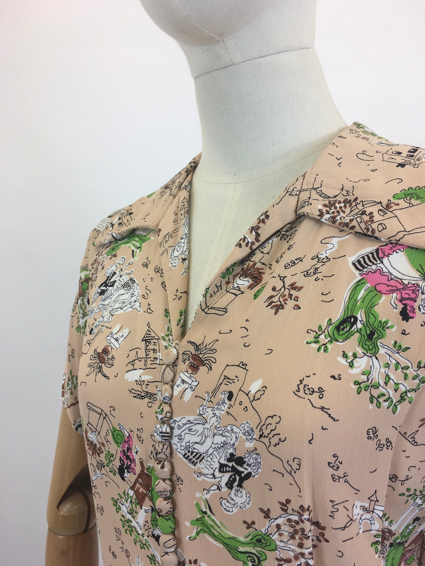 Original 1940's Beautiful Novelty Print Dress -  characters and buildings