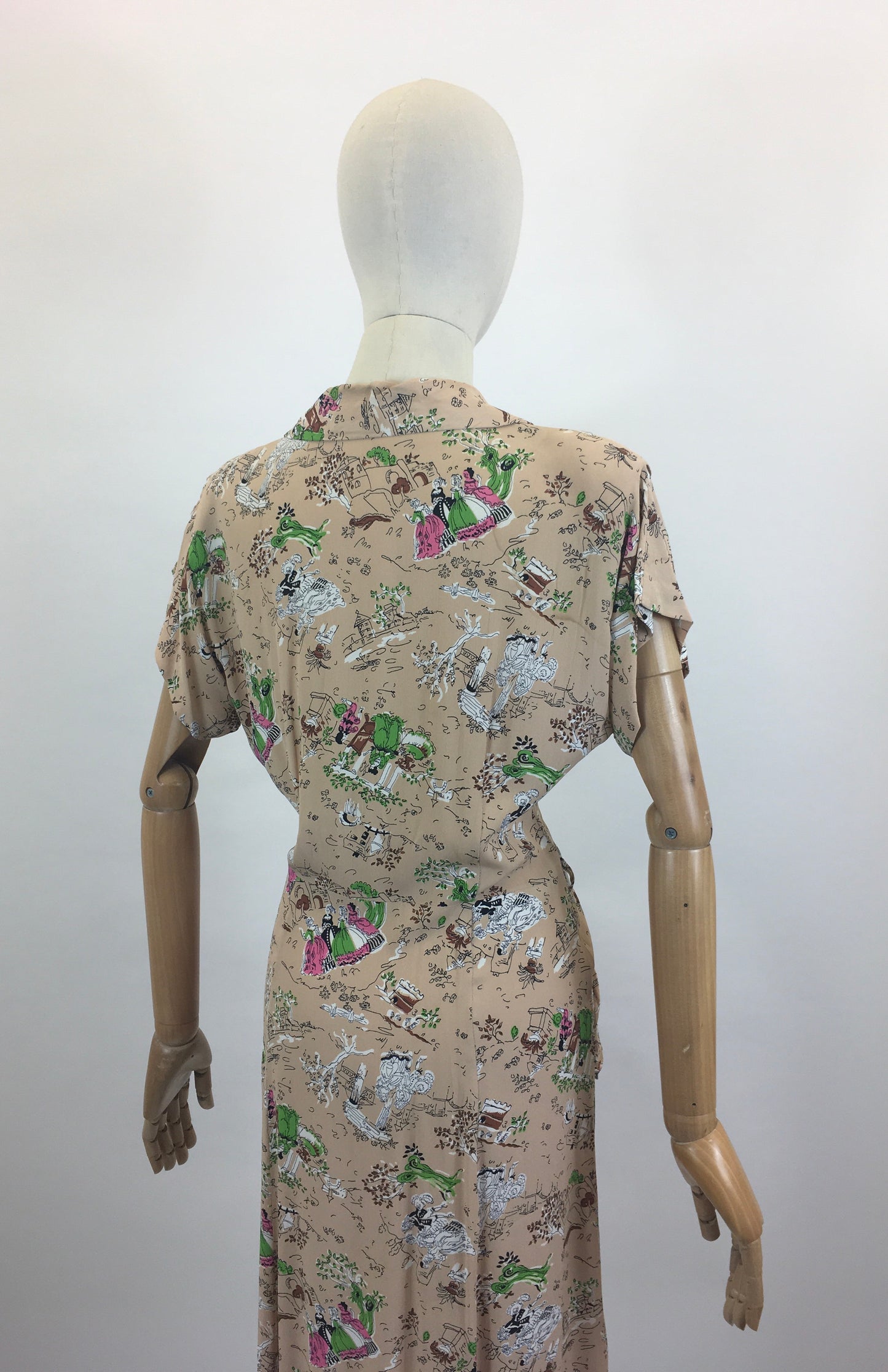 Original 1940's Beautiful Novelty Print Dress -  characters and buildings