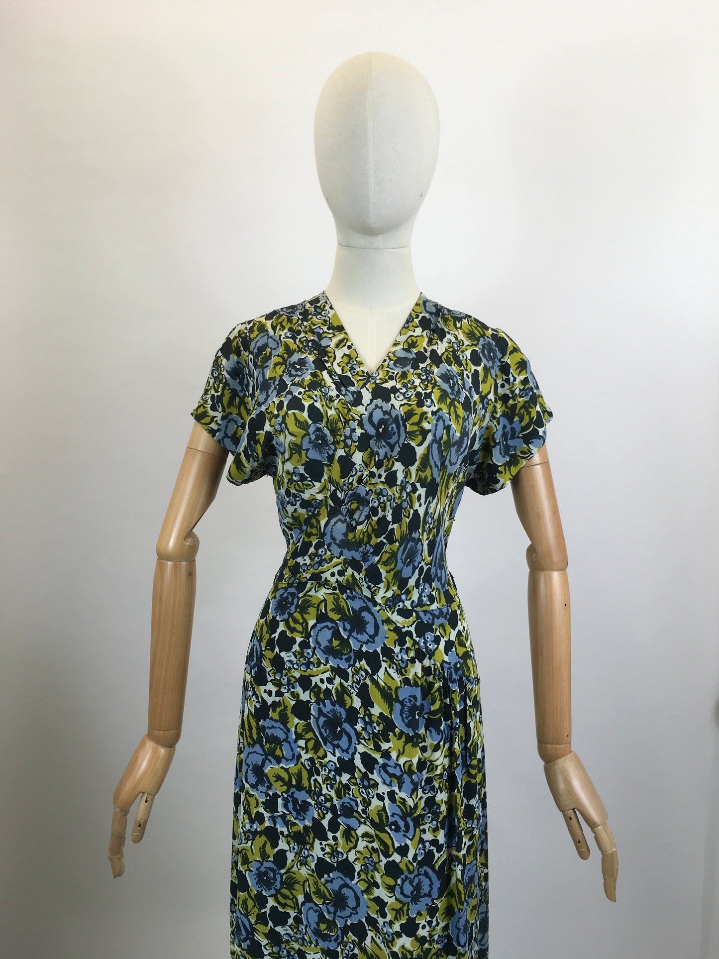 Original 1940's Beautiful Floral dress - in Chautreuse, Blue and Green florals.