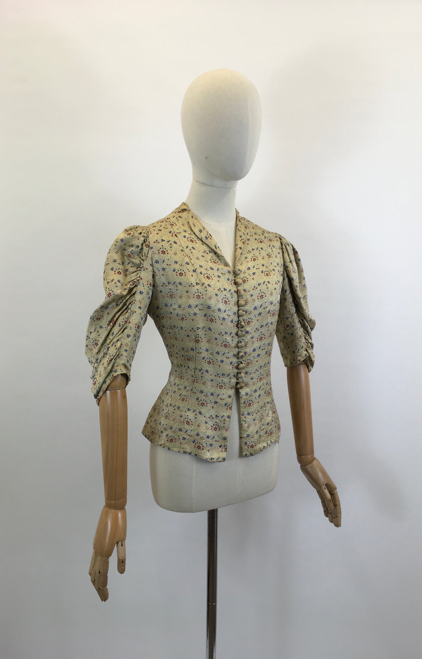 Original 1930’s Fabulous Blouse - Burgundy / Airforce Blue flowers on a bed of Gold.