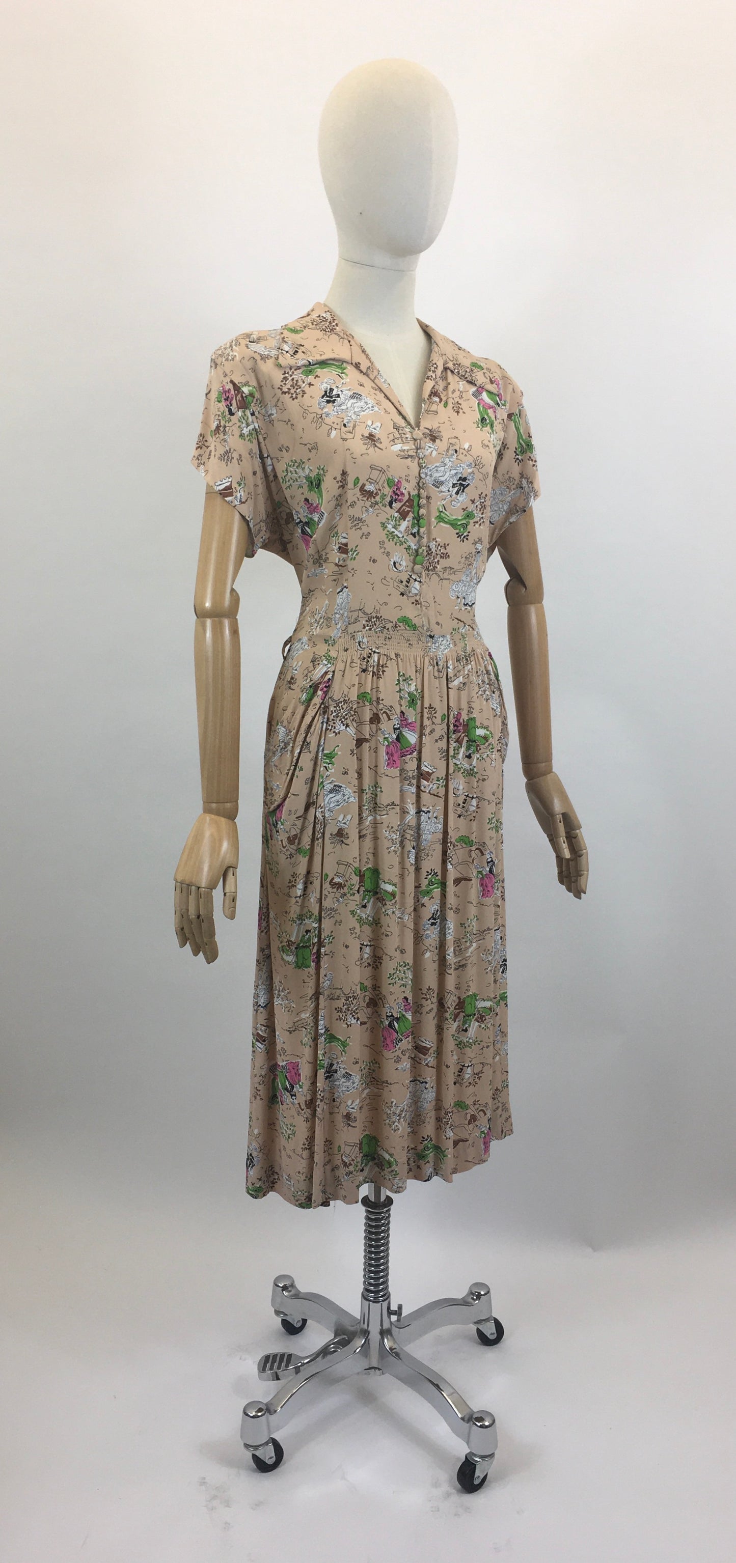Original 1940's Beautiful Novelty Print Dress -  characters and buildings