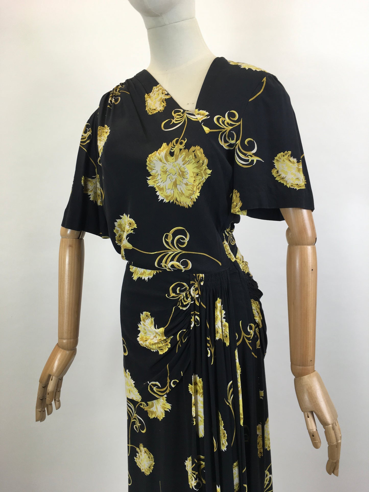 Original 1940's Stunning Floral Rayon dress in tonal golds and stencilled black