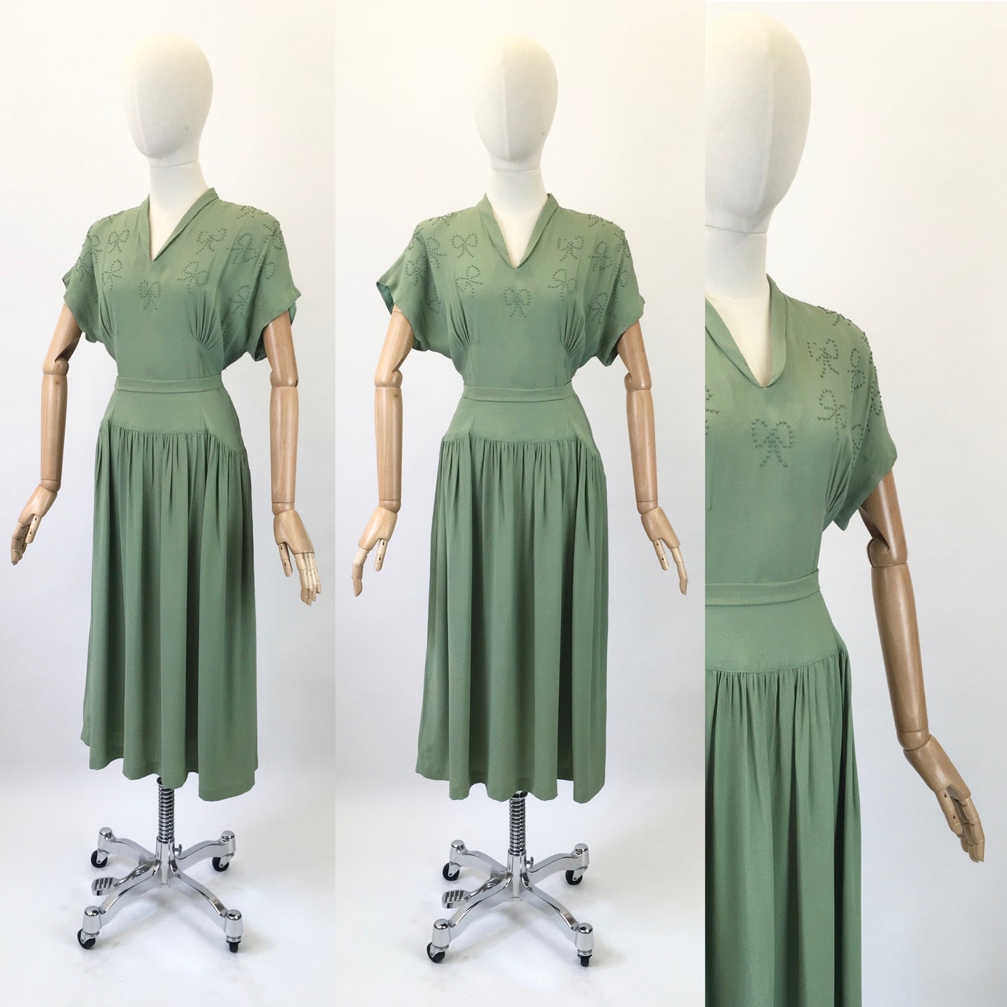 Original 1940s Beautiful Beaded Crepe dress - in a Soft Sage Green colourway