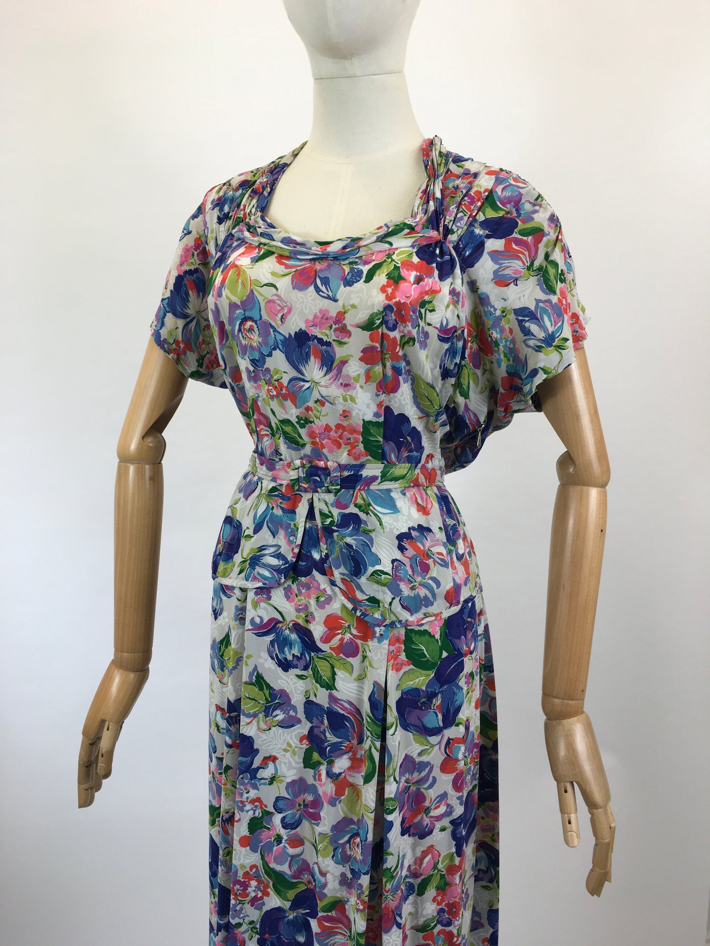 Original 1940’s Beautiful Floral Dress - Multicoloured of Blues, Corals, Fuschia Pink, Mauve and Teal