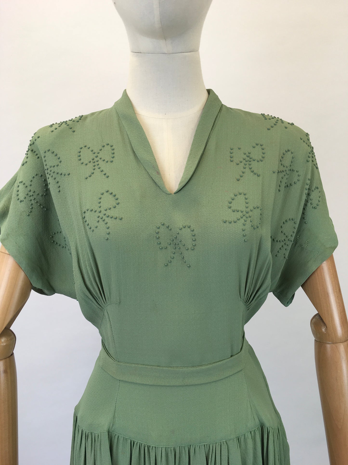 Original 1940s Beautiful Beaded Crepe dress - in a Soft Sage Green colourway