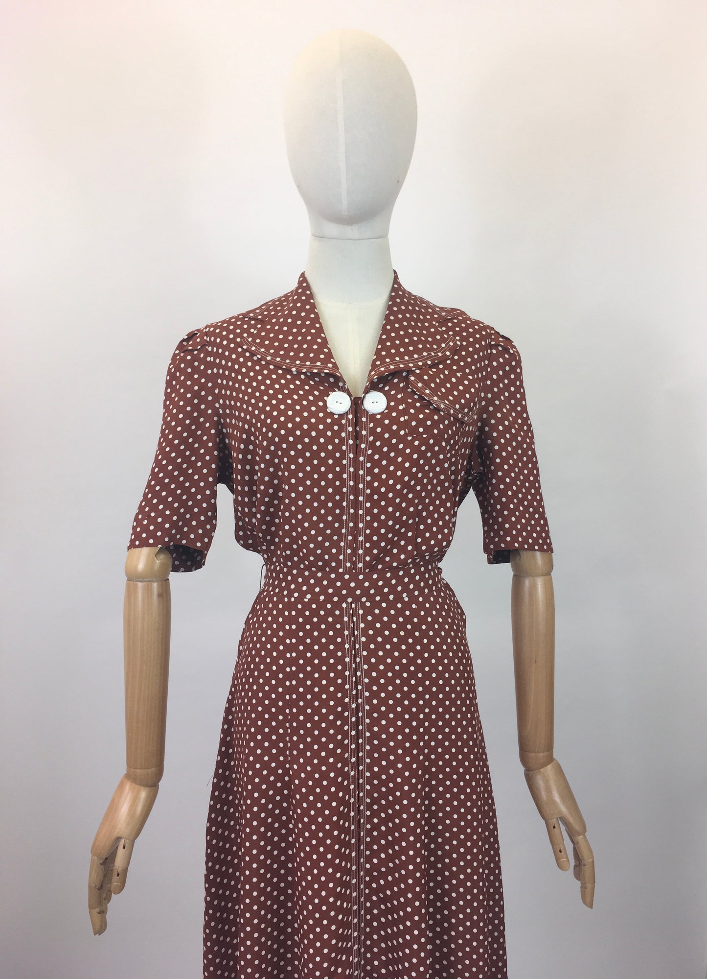 Original 1940s Beautiful Polka Dot Dress - Chestnut Brown with white dots.