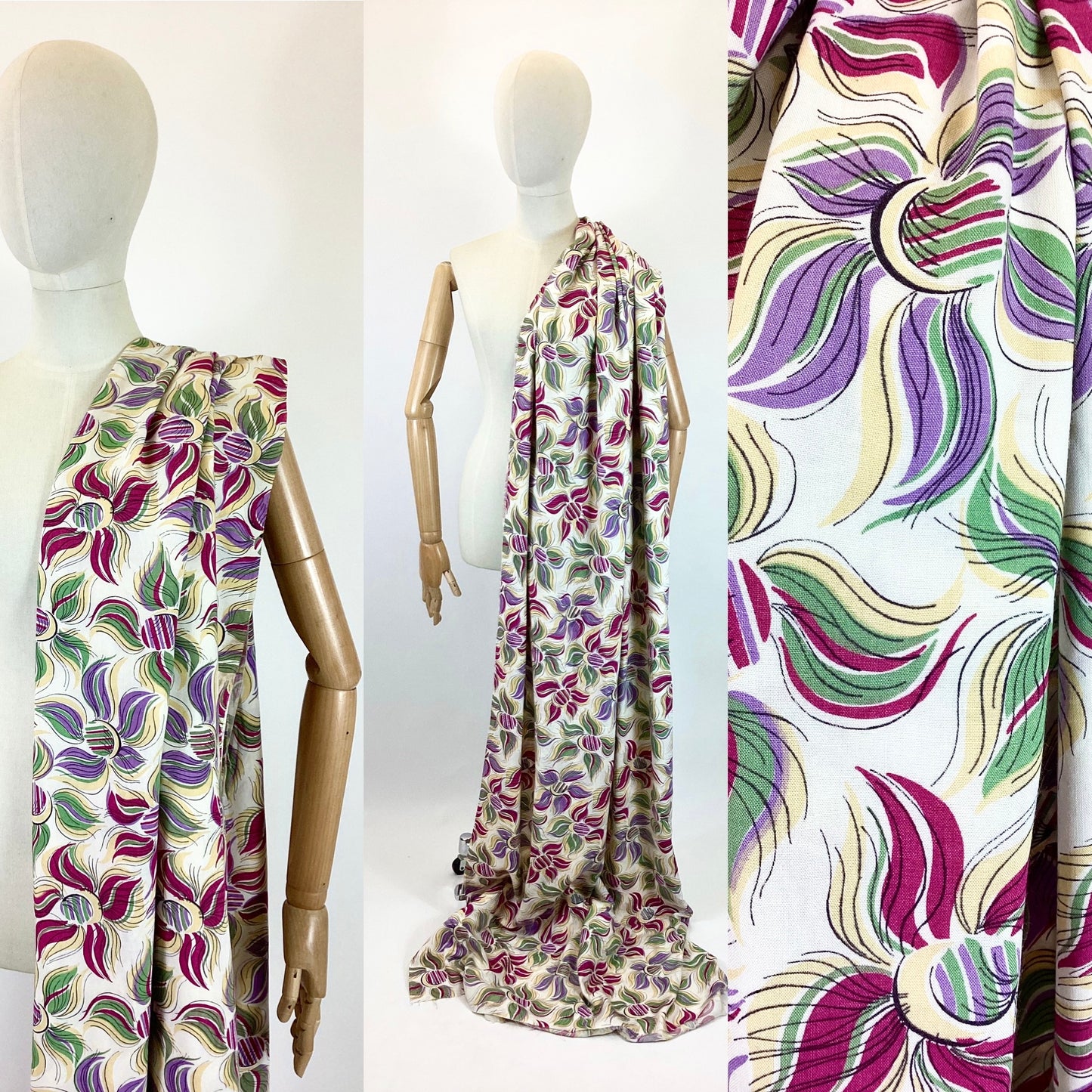 Original 1940’s Fabulous Dressmaking fabric - Hot Fuchsia, lilac, sage, buttermilk yellow on a bed of cream