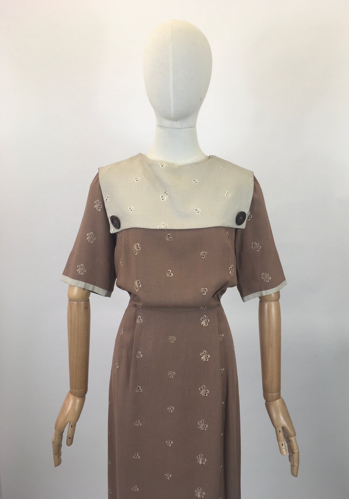Original early 50’s Broderie Anglaise dress - in a Brown /Fawn colour combination.