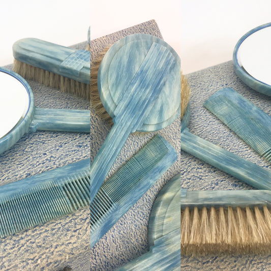 Original early 50’s Phenolic Dressing Table Set - In Mottled Deco Blue In Original Box