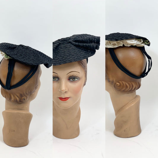 Original 1940’s Beautiful Headpiece - in Black with flowers of cream