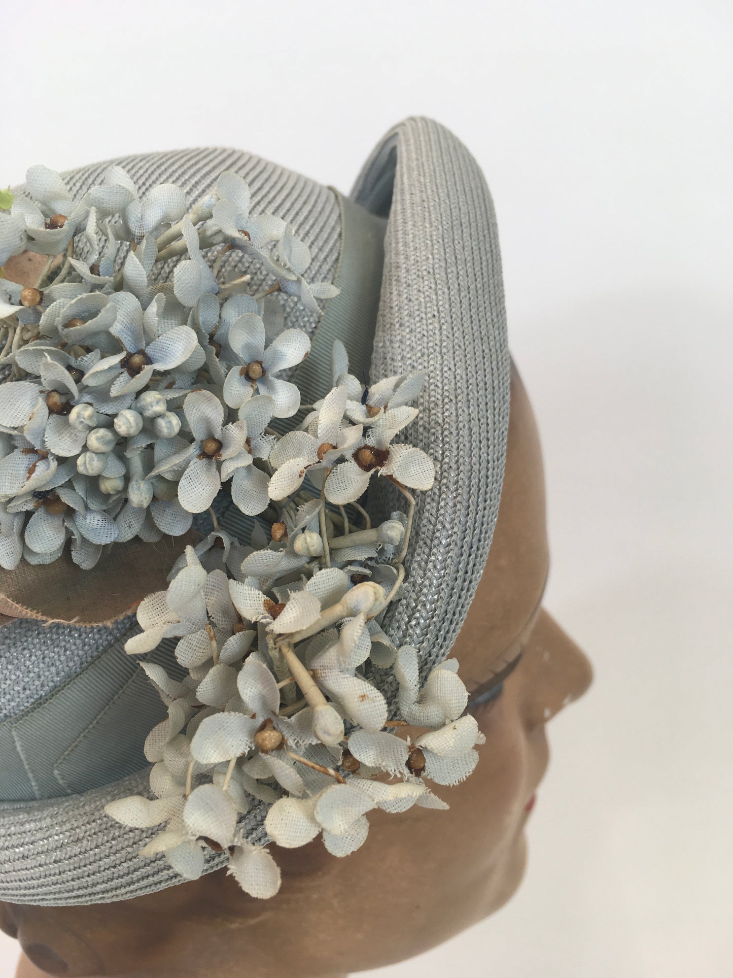 Original 1930’s Gorgeous  Fine Natural Straw Hat - In Pale Blue with Floral Millinery