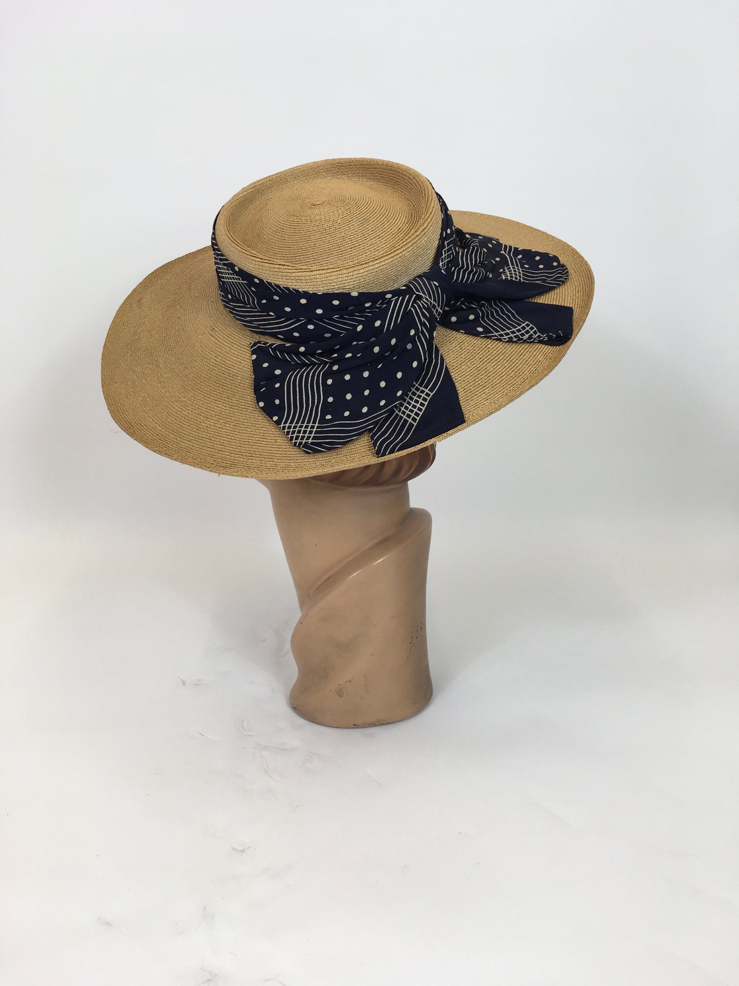 Original 1930s Natural fine Straw Hat - with a Deco ribbon in Navy/white combination.