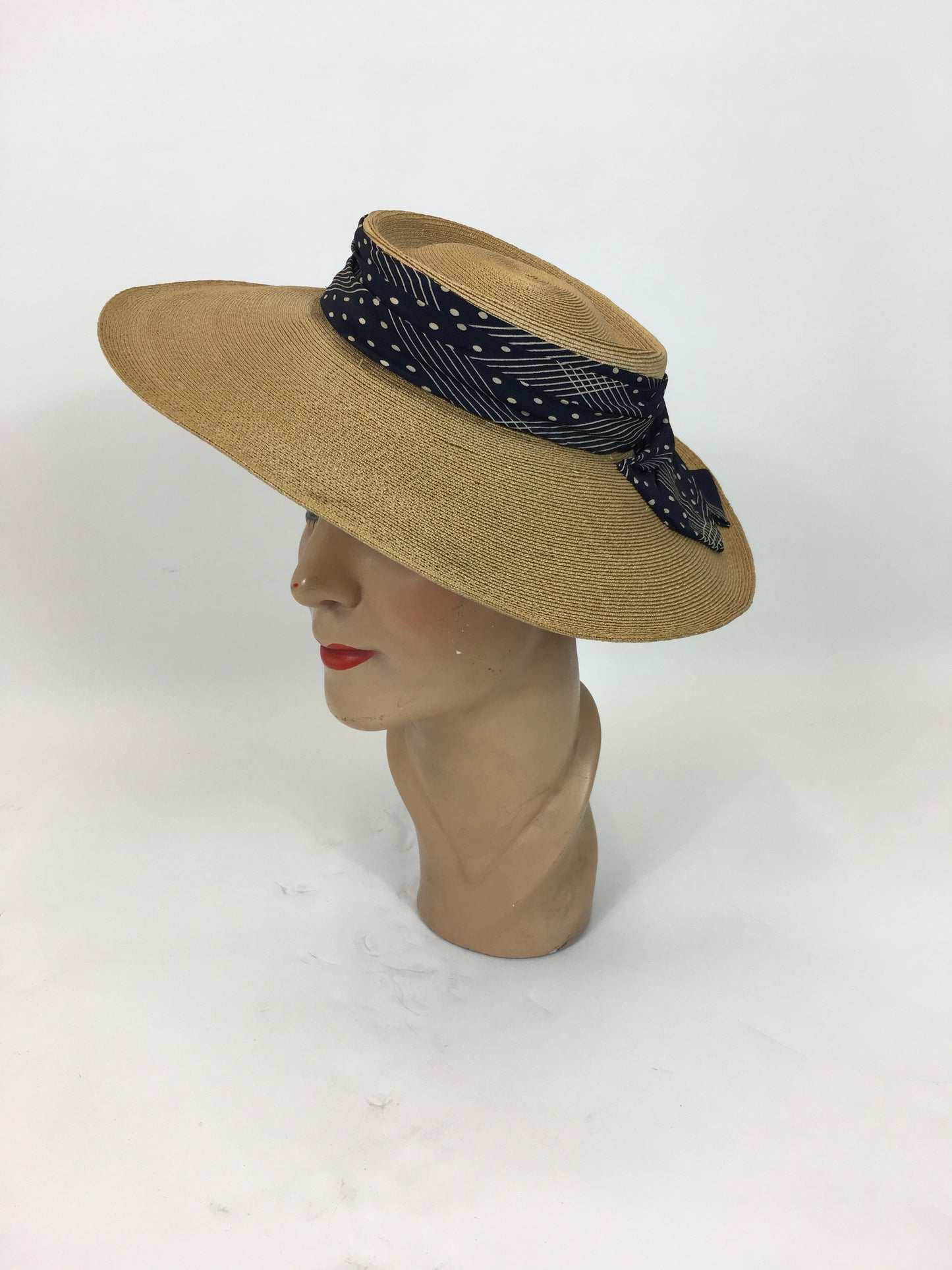 Original 1930s Natural fine Straw Hat - with a Deco ribbon in Navy/white combination.