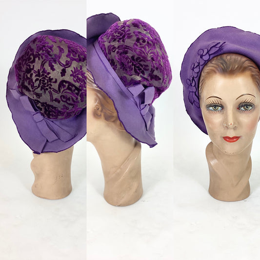 Original 20’s / 30’s maybe earlier Amazing hat - Purple flock Velvet and Felt