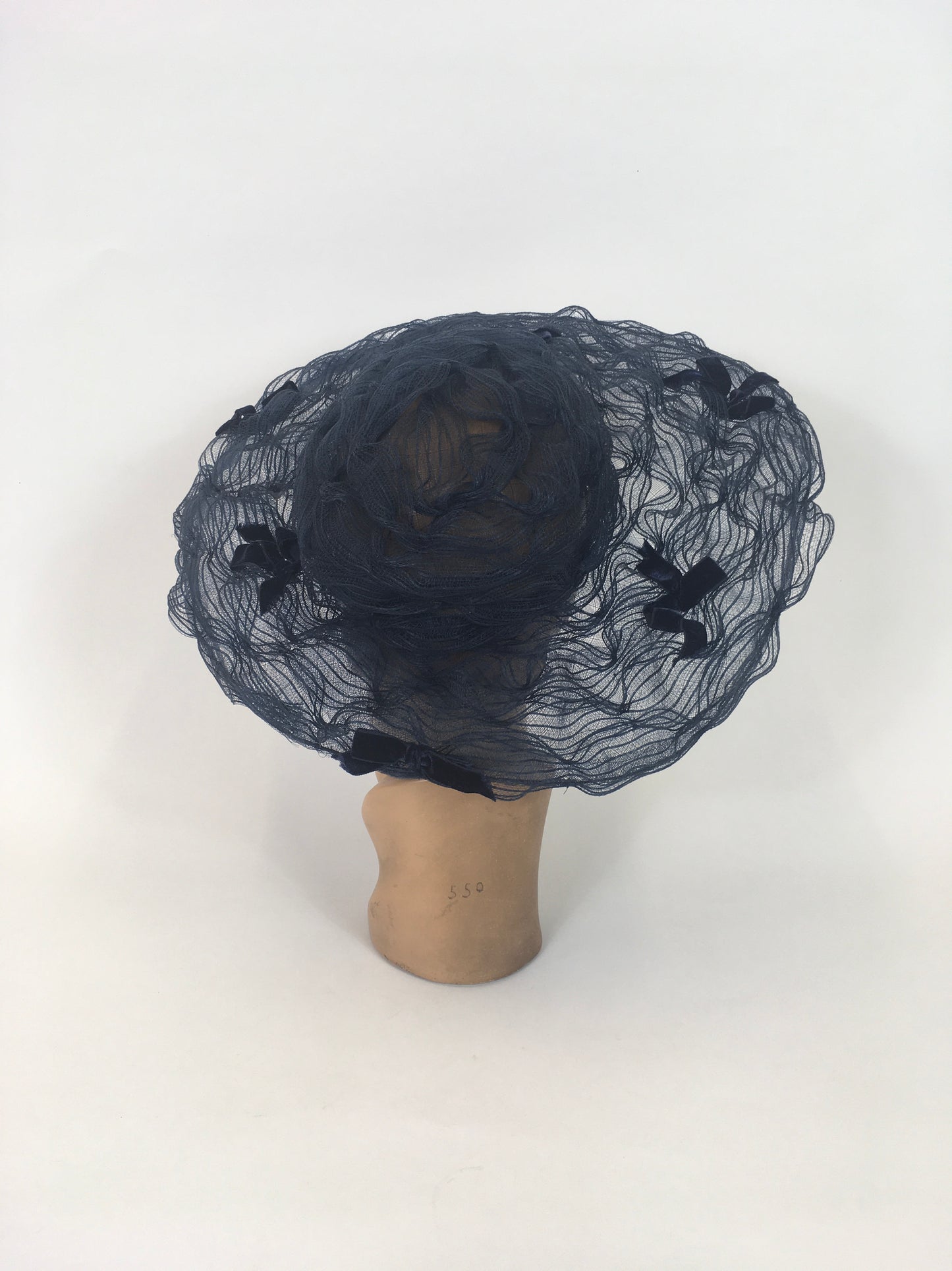 Original Early 1950’s Platter Hat - In A Sheer Navy with Velvet Ribbon Bows