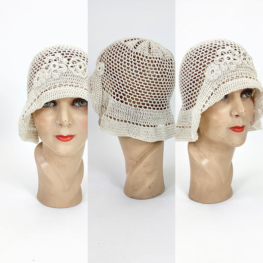 Original 20's / 30's Fine Crochet cloche hat - in a subtle cream.