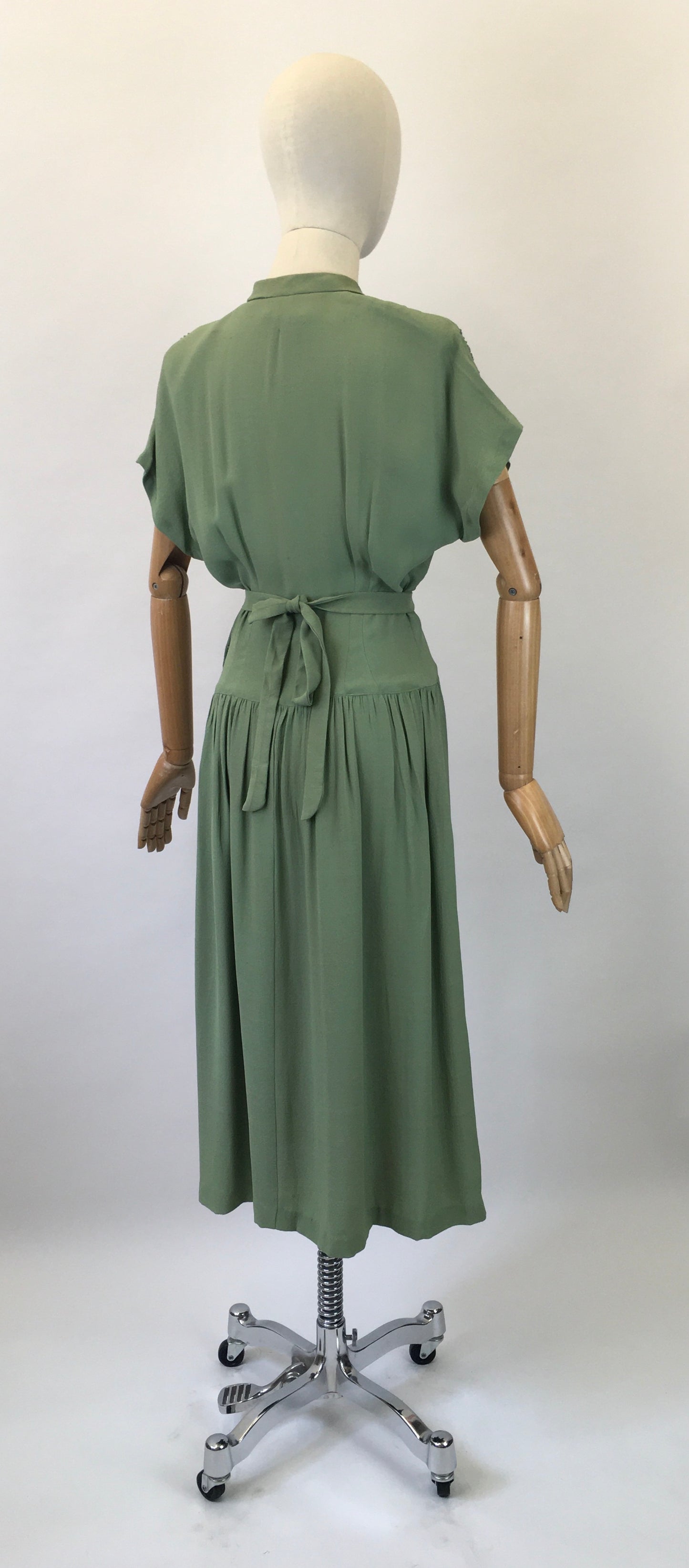 Original 1940s Beautiful Beaded Crepe dress - in a Soft Sage Green colourway