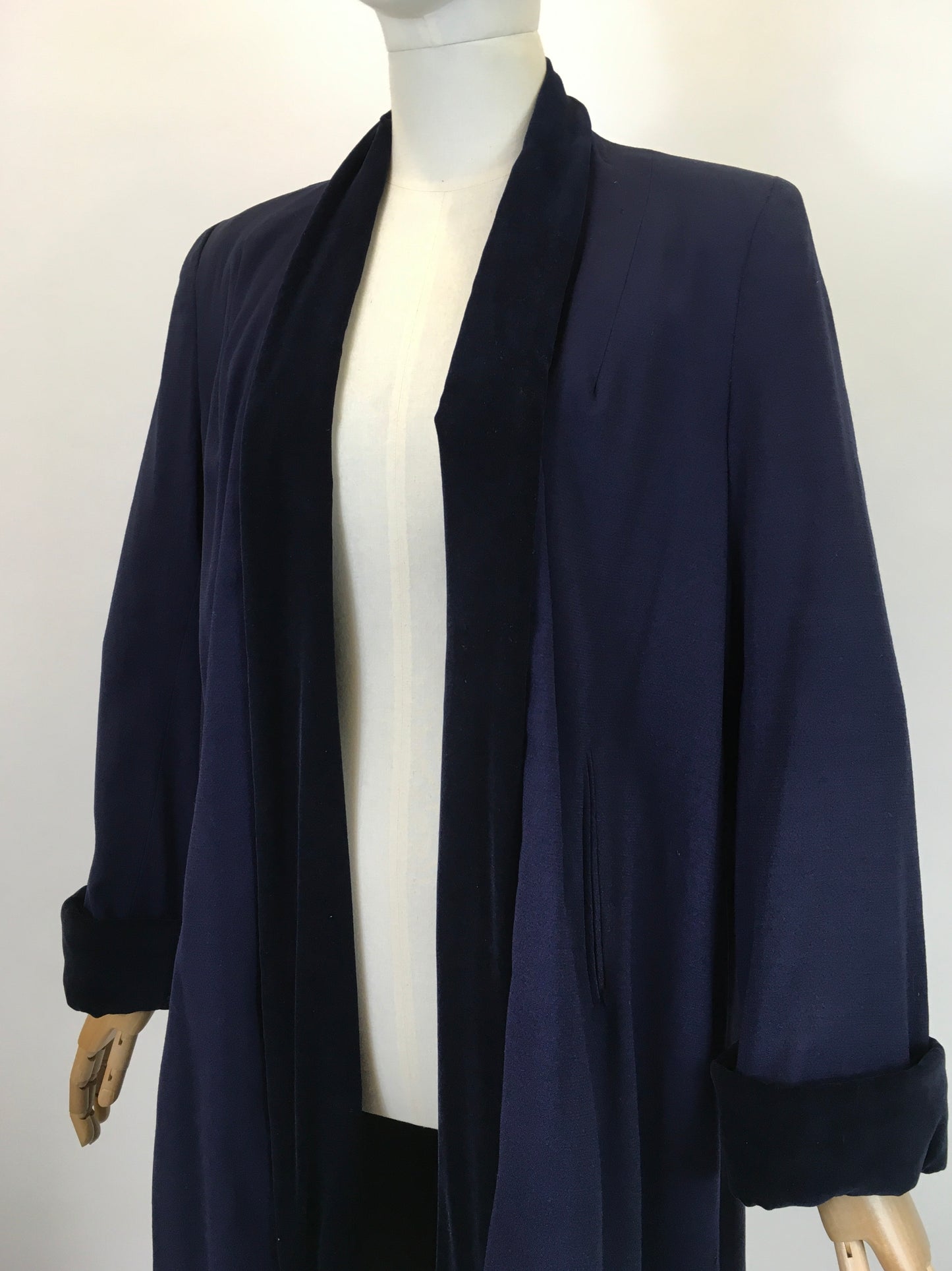 Original 1940’s Beautiful edge to edge swagger coat - Navy with Royal Navy velvet trim