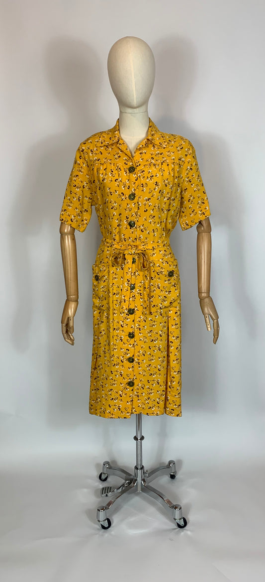 Original 1940’s Linen Day dress - Brown /Cream wishes on a Golden Yellow background.