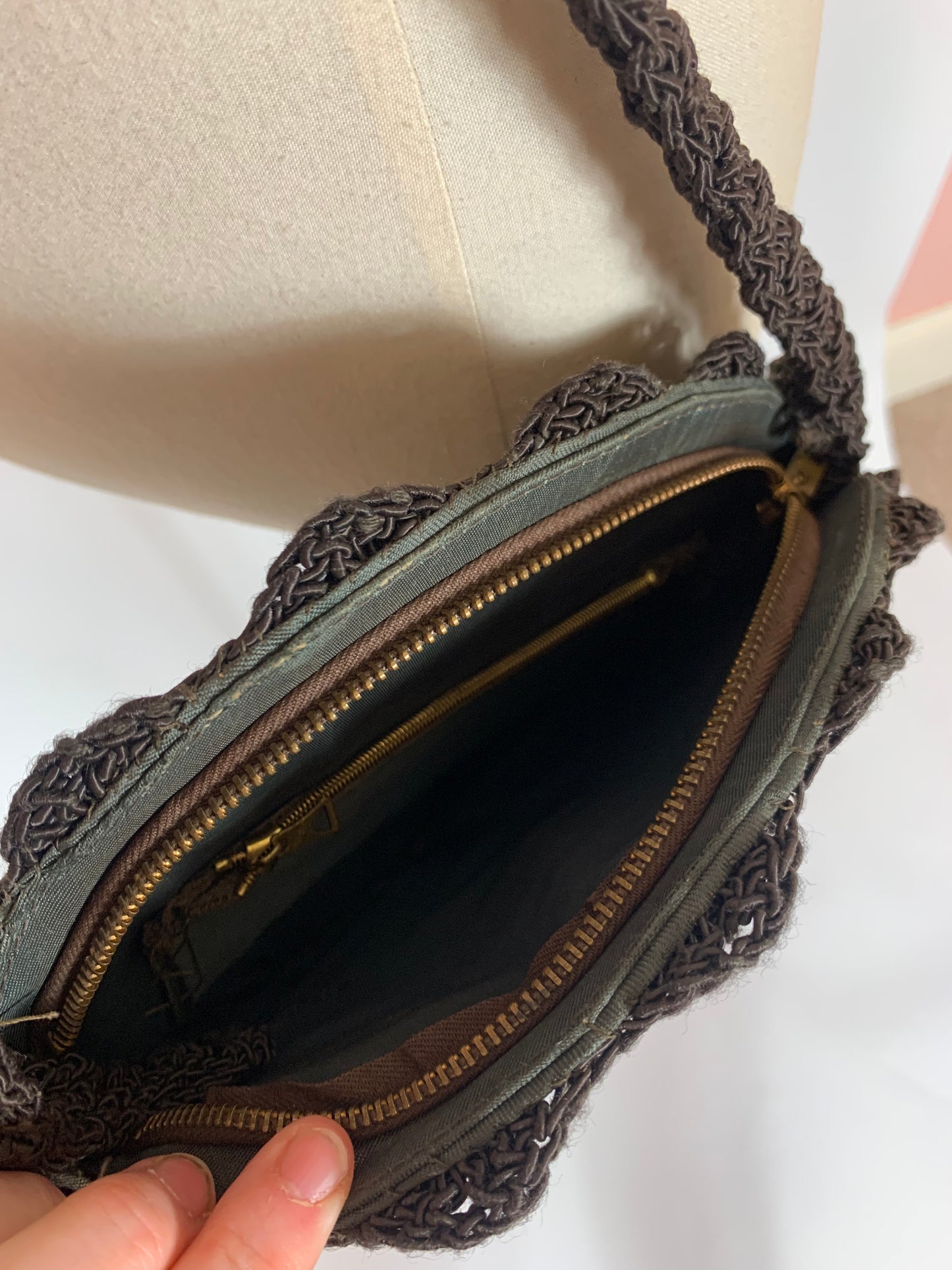 Original 1940’s Crochet Circular Handbag - Very Dark Brown
