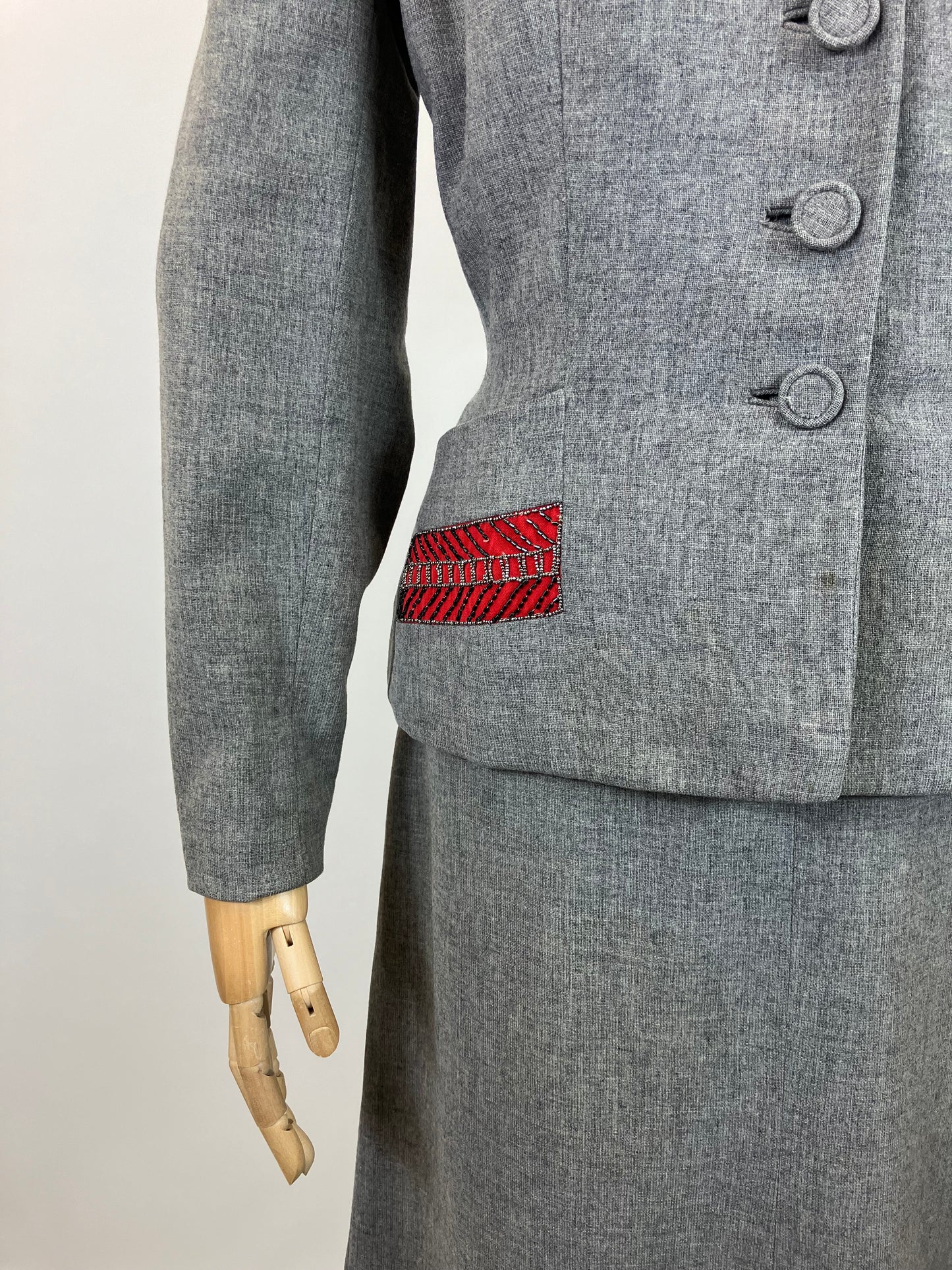 Original 1940’s Fabulous 2pc suit - in Grey with Red accent detailing
