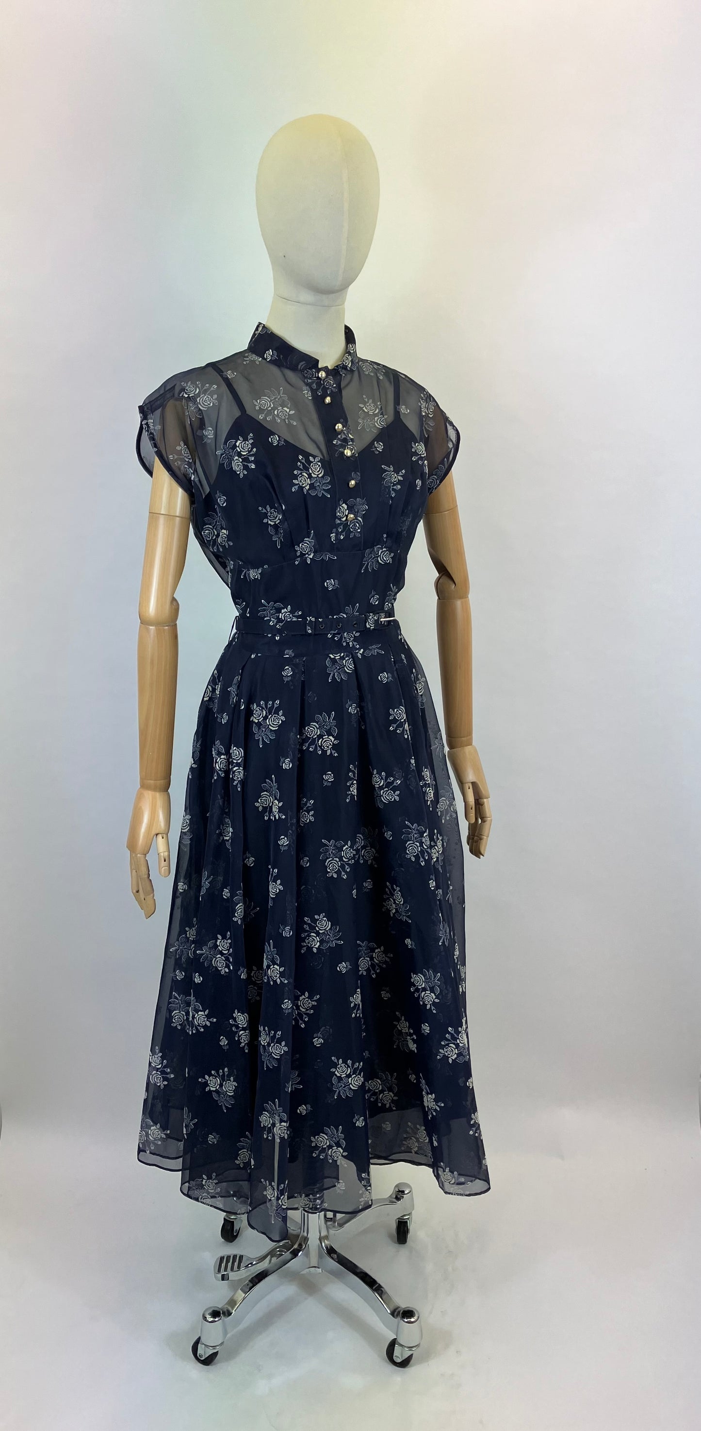 Original 1950's Beautiful Sheer Dress - in Navy and White