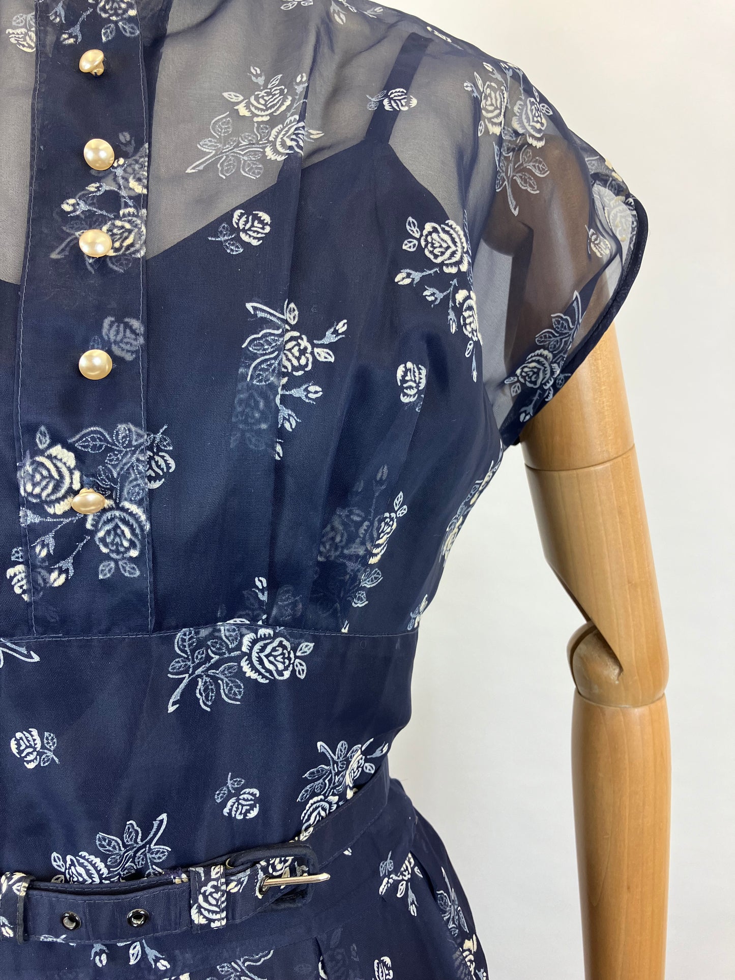 Original 1950's Beautiful Sheer Dress - in Navy and White