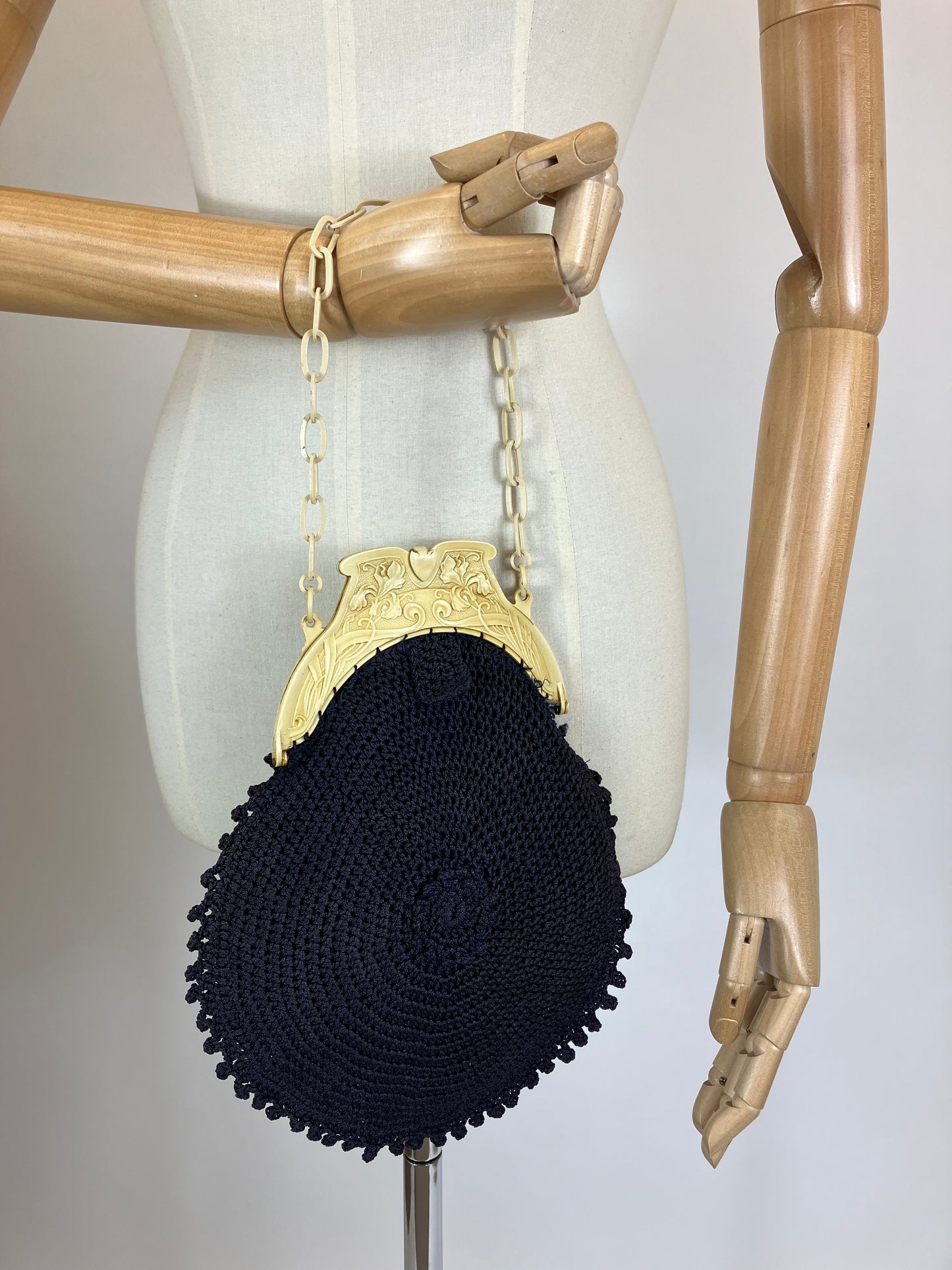 Original Early 1920's Crochet Handbag - Navy