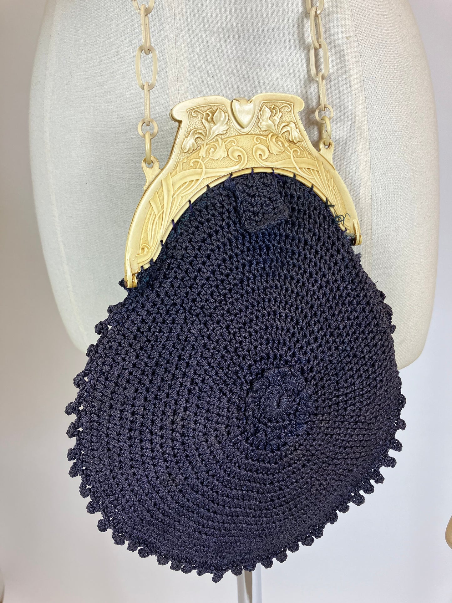 Original Early 1920's Crochet Handbag - Navy