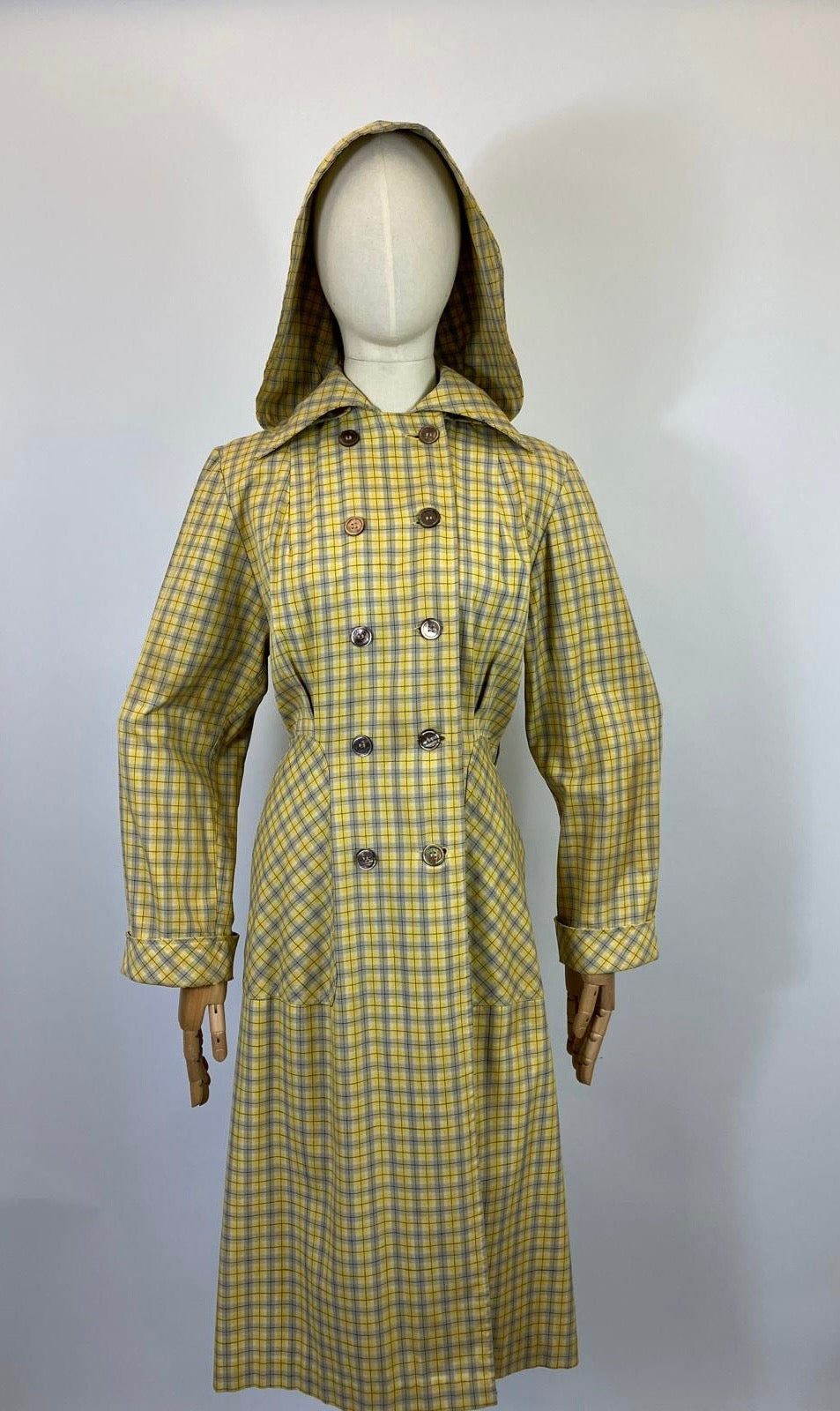 Original 1940’s RARE Hooded Rain Mac - Yellow and Grey plaid