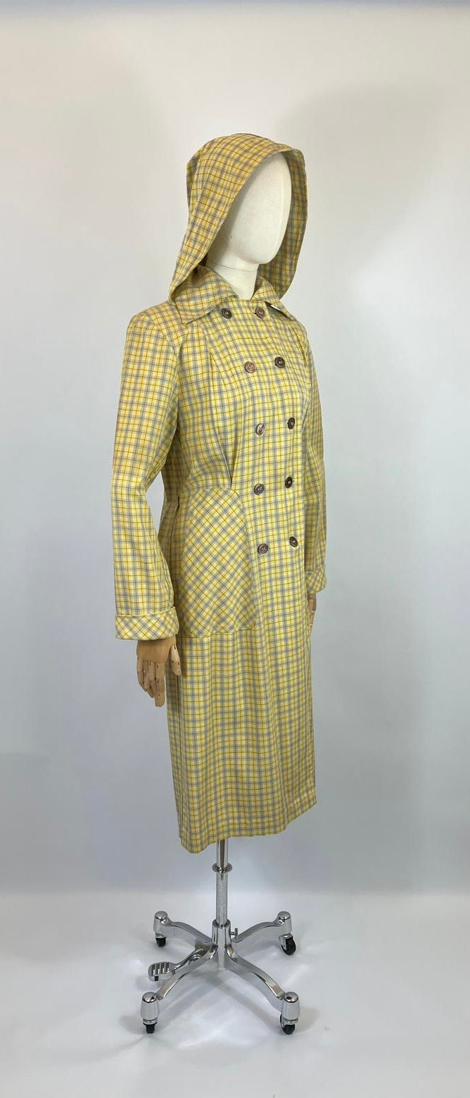 Original 1940’s RARE Hooded Rain Mac - Yellow and Grey plaid
