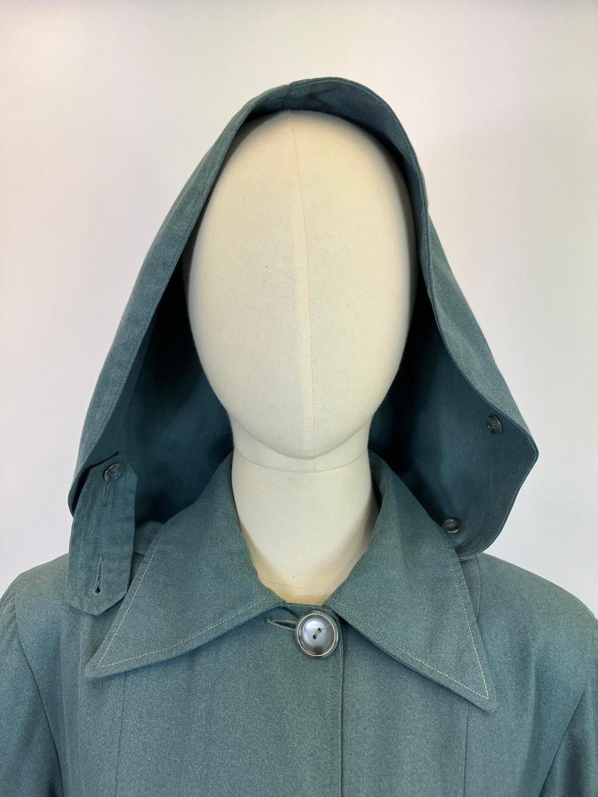 Original 1940’s RARE Amazing Hooded Rain Coat - in Airforce Blue