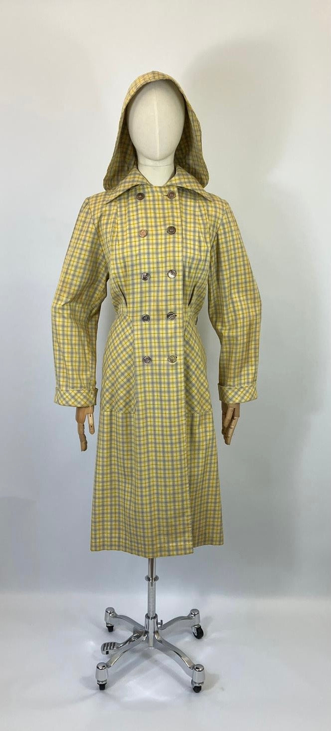 Original 1940’s RARE Hooded Rain Mac - Yellow and Grey plaid