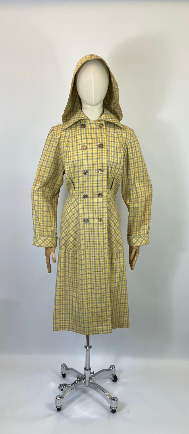 Original 1940’s RARE Hooded Rain Mac - Yellow and Grey plaid