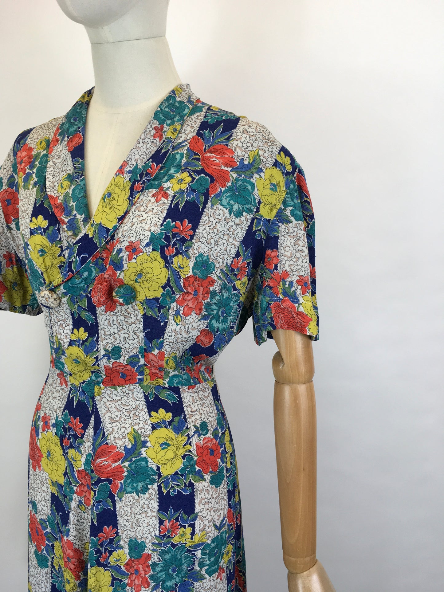 Original 1940’s STUNNING Fine Crepe Day Dress - Floral Brights in Reds, Blues, Chartreuse, Peacock and Fawns